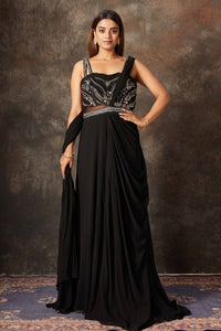 Shop stunning black embroidered designer gown saree online in USA. Look stylish at parties and special occasions in beautiful designer sarees, embroidered sarees, handwoven silk, party sarees from Pure Elegance Indian fashion store in USA.-full view