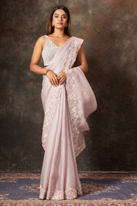 Buy powder pink embroidered organza saree online in USA with blouse. Flaunt your Indian style on special occasions in beautiful designer sarees, embroidered sarees, Bollywood sarees, partywear sarees, wedding sarees from Pure Elegance Indian saree store in USA. -full view