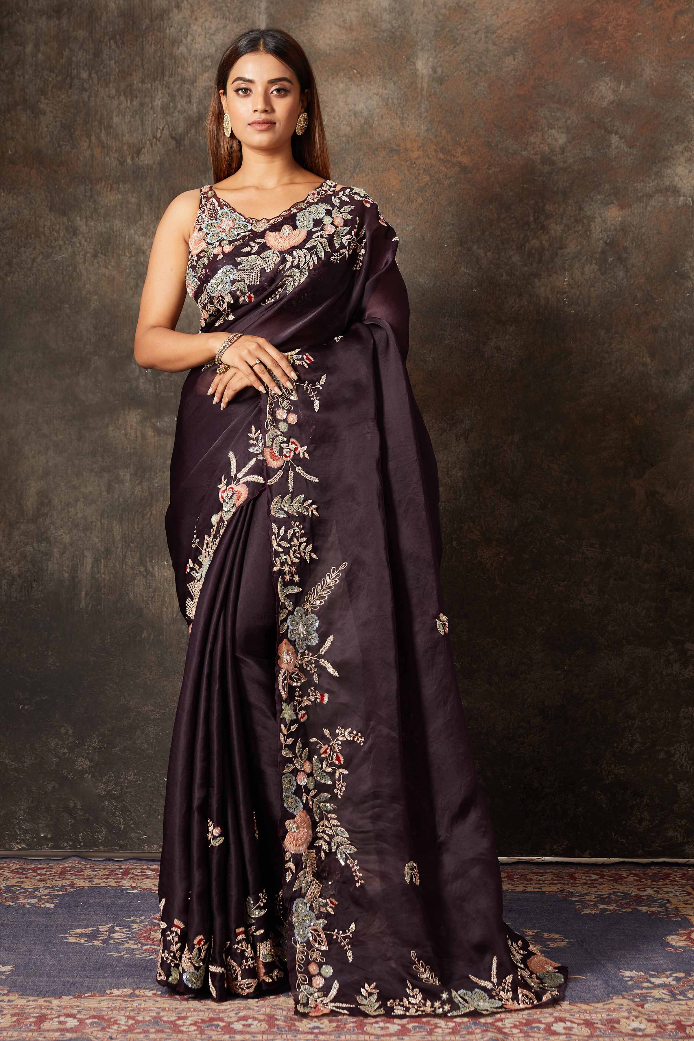 Buy stunning purple hand embroidered organza saree online in USA with blouse. Flaunt your Indian style on special occasions in beautiful designer sarees, embroidered sarees, Bollywood sarees, partywear sarees, wedding sarees from Pure Elegance Indian saree store in USA. -full view