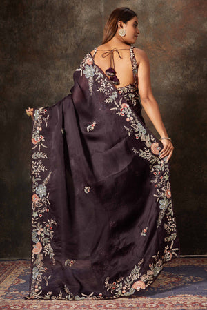 Buy stunning purple hand embroidered organza saree online in USA with blouse. Flaunt your Indian style on special occasions in beautiful designer sarees, embroidered sarees, Bollywood sarees, partywear sarees, wedding sarees from Pure Elegance Indian saree store in USA. -back