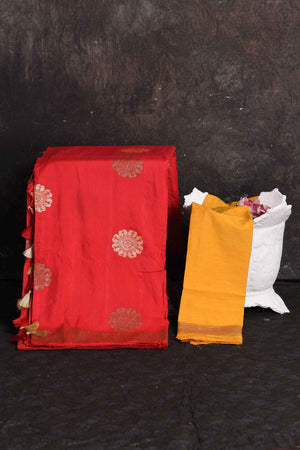 Shop beautiful red Muga silk saree online in USA with golden zari flower buta, Be a vision of ethnic elegance on festive occasions in beautiful designer sarees, silk sarees, handloom sarees, Kanchipuram silk sarees, embroidered sarees from Pure Elegance Indian saree store in USA. -blouse