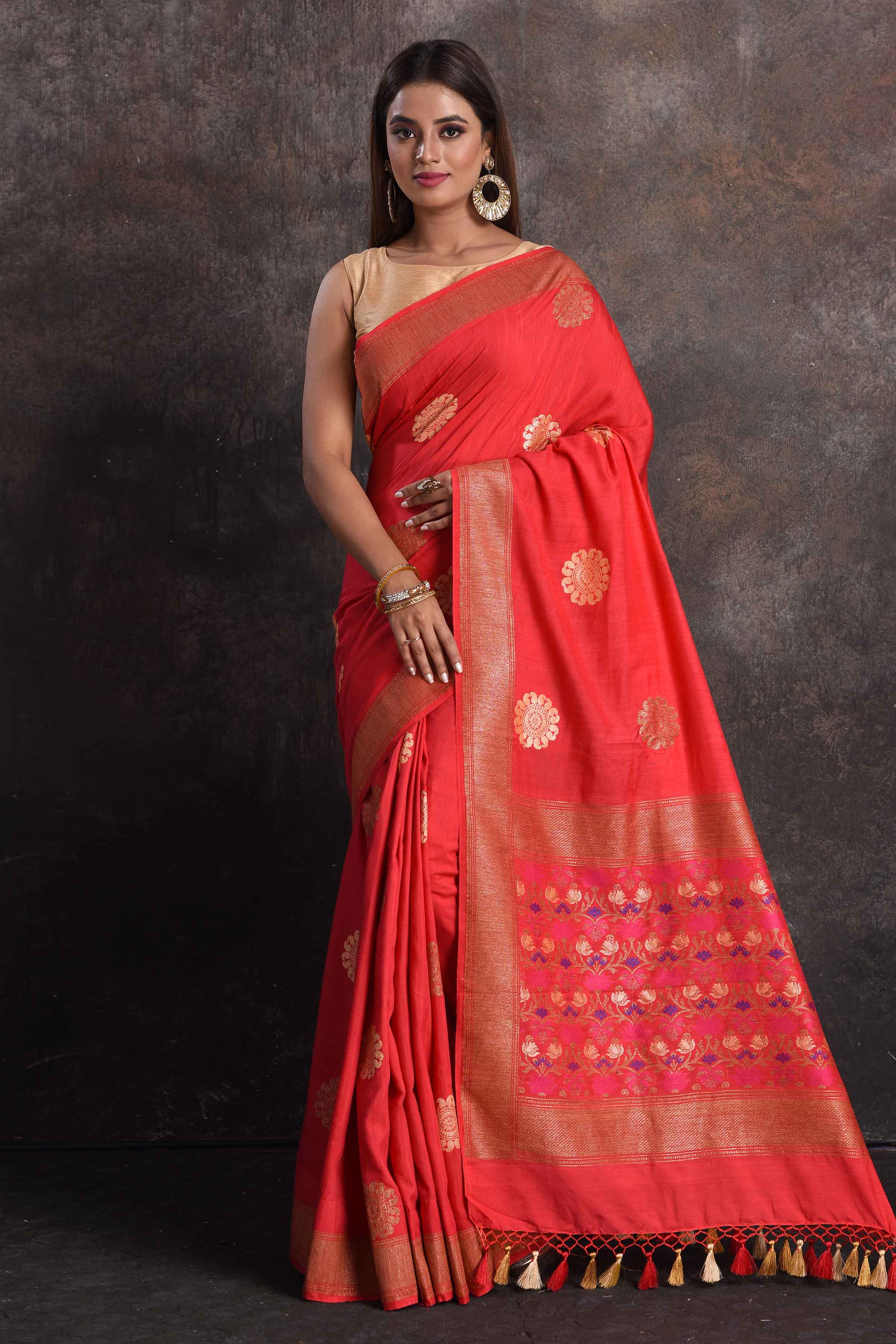 Shop beautiful red Muga silk saree online in USA with golden zari flower buta, Be a vision of ethnic elegance on festive occasions in beautiful designer sarees, silk sarees, handloom sarees, Kanchipuram silk sarees, embroidered sarees from Pure Elegance Indian saree store in USA. -full view