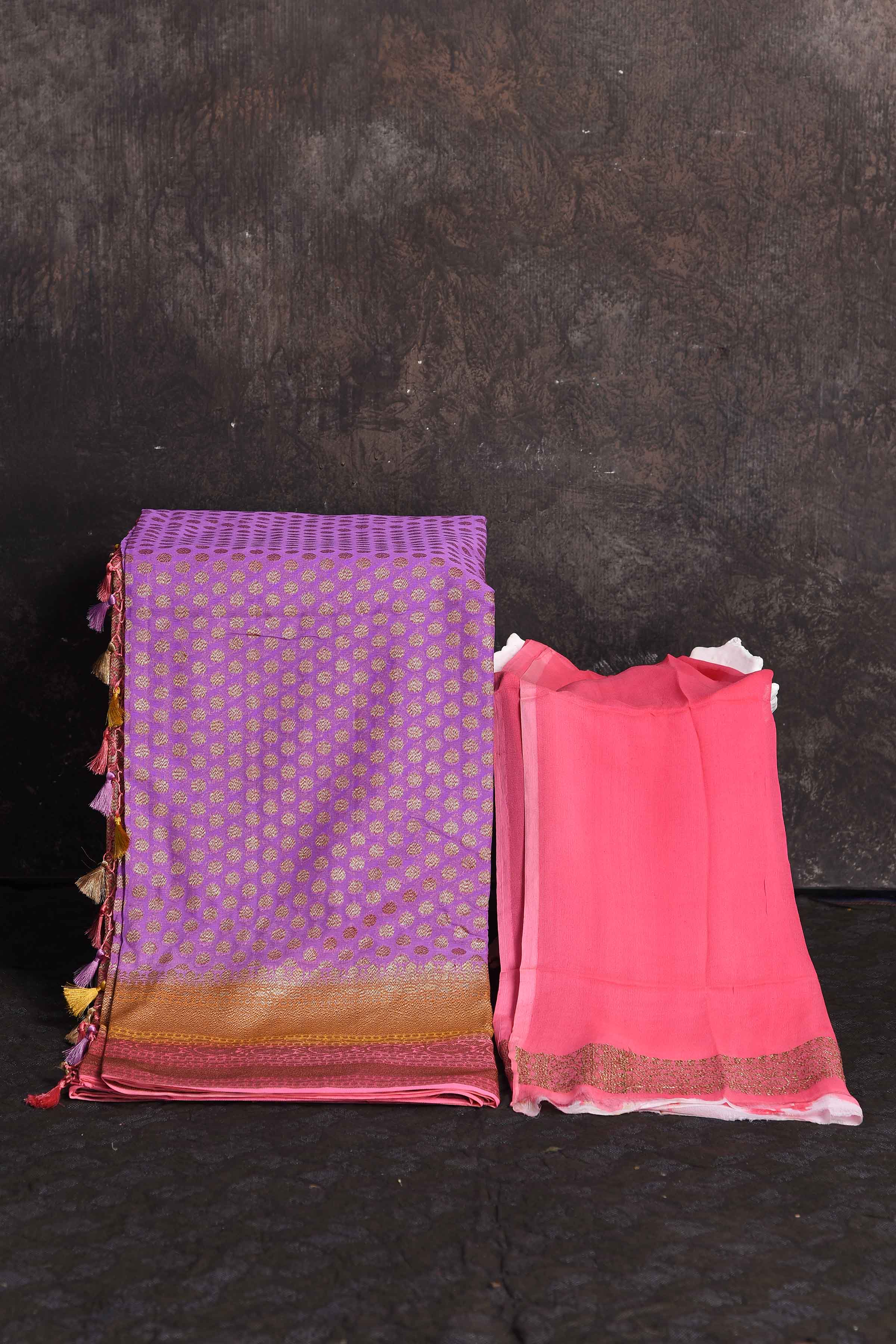 Buy beautiful lavender georgette Banarasi saree online in USA with pink and yellow border, Be a vision of ethnic elegance on festive occasions in beautiful designer sarees, silk sarees, handloom sarees, Kanchipuram silk sarees, embroidered sarees from Pure Elegance Indian saree store in USA. -blouse