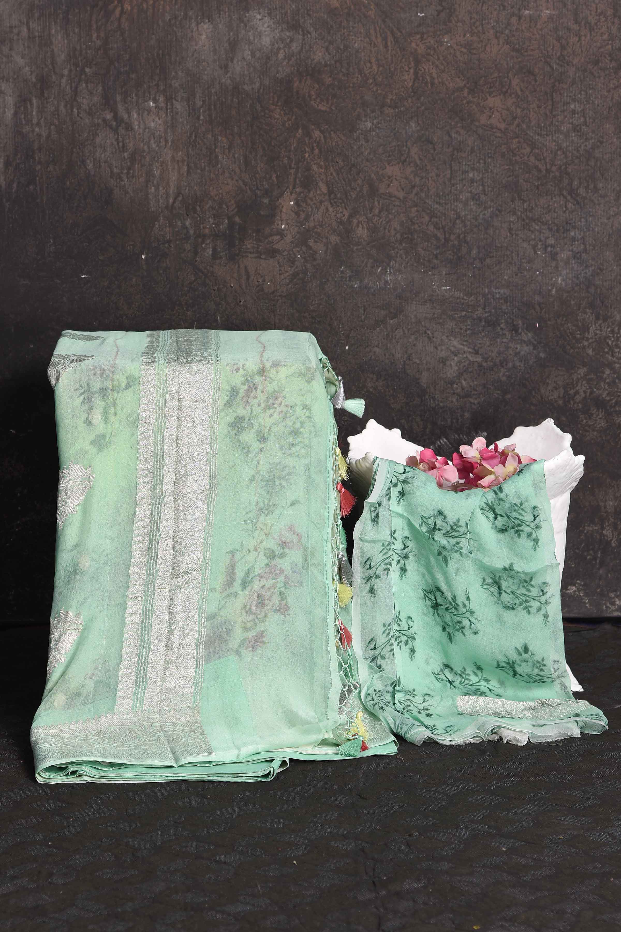 Buy beautiful ombre green floral georgette sari online in USA with zari border, Be a vision of ethnic elegance on festive occasions in beautiful designer sarees, silk sarees, handloom sarees, Kanchipuram silk sarees, embroidered sarees from Pure Elegance Indian saree store in USA. -blouse