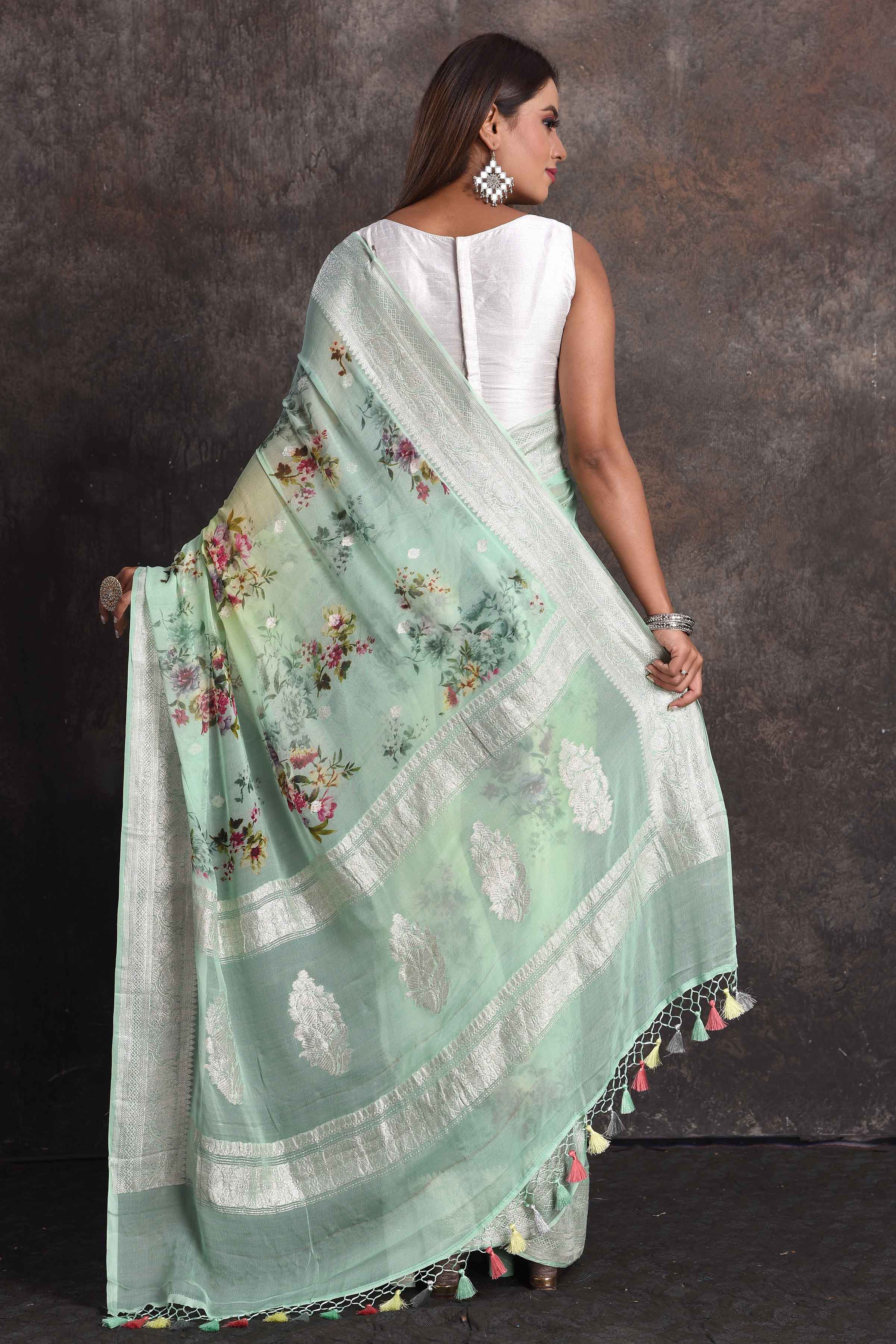 Buy beautiful ombre green floral georgette sari online in USA with zari border, Be a vision of ethnic elegance on festive occasions in beautiful designer sarees, silk sarees, handloom sarees, Kanchipuram silk sarees, embroidered sarees from Pure Elegance Indian saree store in USA. -back