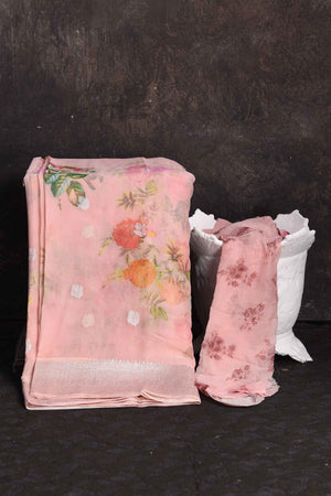 Shop beautiful powder pink floral print georgette saree online in USA with zari border, Be a vision of ethnic elegance on festive occasions in beautiful designer sarees, silk sarees, handloom sarees, Kanchipuram silk sarees, embroidered sarees from Pure Elegance Indian saree store in USA. -blouse