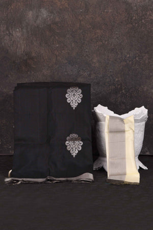 Shop stunning black Kanchipuram silk saree online in USA with silver peacock buta. Look your best at parties in elegant silk sarees, designer sarees, handwoven sarees, Kanchipuram silk sarees, embroidered sarees, South silk sarees from Pure Elegance Indian saree store in USA.-blouse