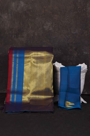 Buy beautiful blood red Kanchipuram silk sari online in USA with blue zari border. Look your best at parties in elegant silk sarees, designer sarees, handwoven sarees, Kanchipuram silk sarees, embroidered sarees, South silk sarees from Pure Elegance Indian saree store in USA.-blouse