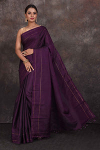 Buy beautiful purple Kanchipuram silk sari online in USA with zari line border. Look your best at parties in elegant silk sarees, designer sarees, handwoven sarees, Kanchipuram silk sarees, embroidered sarees, South silk sarees from Pure Elegance Indian saree store in USA.-full view
