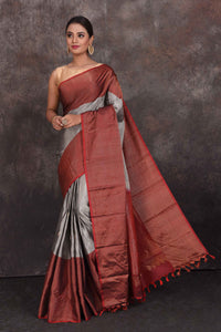 Buy beautiful grey Kanchipuram silk saree online in USA with red zari border. Look your best at parties in elegant silk sarees, designer sarees, handwoven sarees, Kanchipuram silk sarees, embroidered sarees, South silk sarees from Pure Elegance Indian saree store in USA.-full view