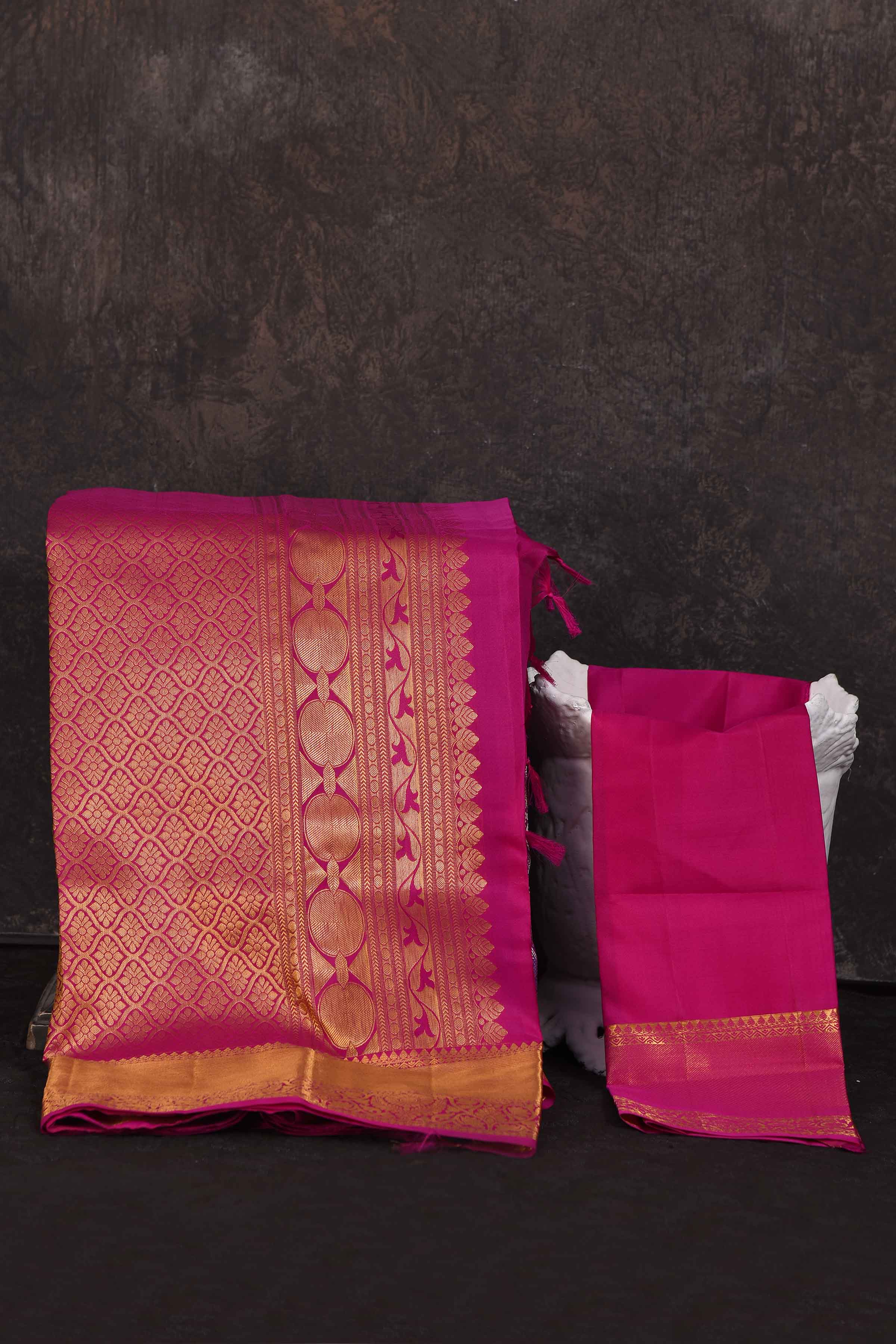 Buy beautiful purple Kanchipuram silk saree online in USA with pink zari border. Look your best at parties in elegant silk sarees, designer sarees, handwoven sarees, Kanchipuram silk sarees, embroidered sarees, South silk sarees from Pure Elegance Indian saree store in USA.-blouse