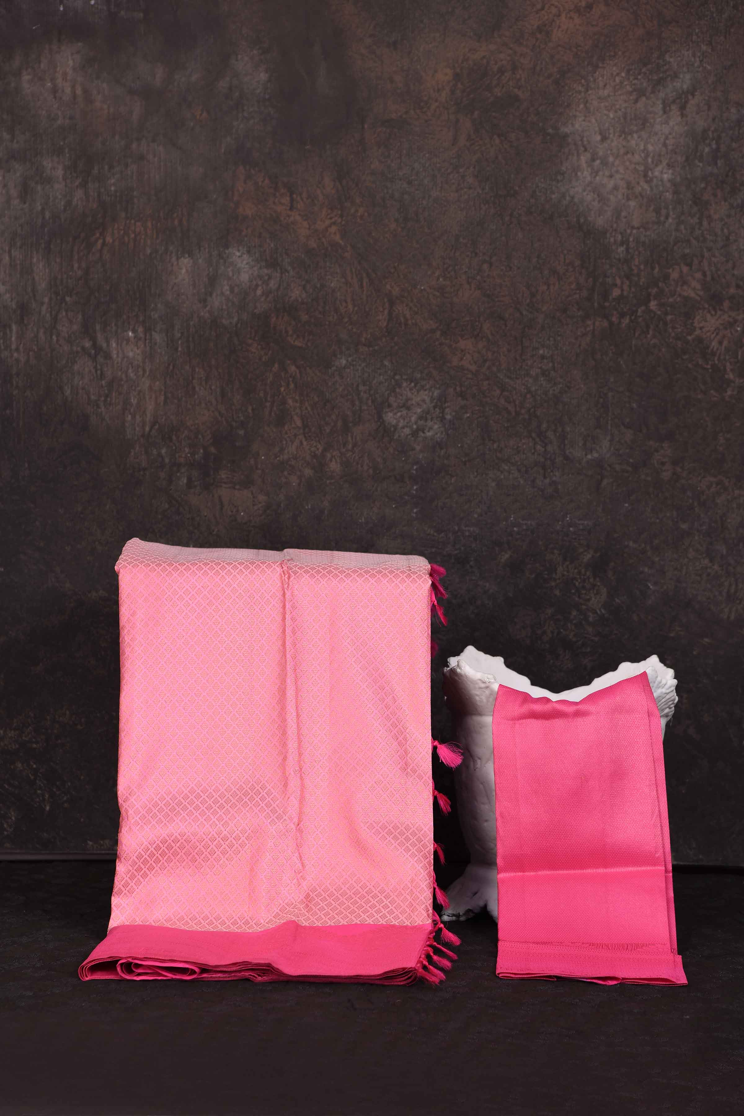 Buy beautiful light pink Kanjivaram silk saree online in USA with dark pink border. Look your best at parties in elegant silk sarees, designer sarees, handwoven sarees, Kanchipuram silk sarees, embroidered sarees, South silk sarees from Pure Elegance Indian saree store in USA.-blouse