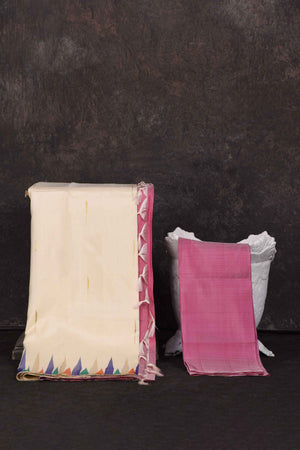 Buy elegant cream Kanjivaram silk saree online in USA with multicolor temple border. Look your best at parties in elegant silk sarees, designer sarees, handwoven sarees, Kanchipuram silk sarees, embroidered sarees, South silk sarees from Pure Elegance Indian saree store in USA.-blouse