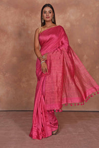 Buy pink matka silk saree online in USA with light zari pallu. Keep your ethnic wardrobe up to date with latest designer sarees, pure silk saris, Kanchipuram silk sarees, handwoven sarees, tussar silk saris, embroidered sarees, soft silk sarees from Pure Elegance Indian saree store in USA.-full view