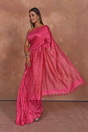 Buy pink matka silk saree online in USA with light zari pallu. Keep your ethnic wardrobe up to date with latest designer sarees, pure silk saris, Kanchipuram silk sarees, handwoven sarees, tussar silk saris, embroidered sarees, soft silk sarees from Pure Elegance Indian saree store in USA.-pallu