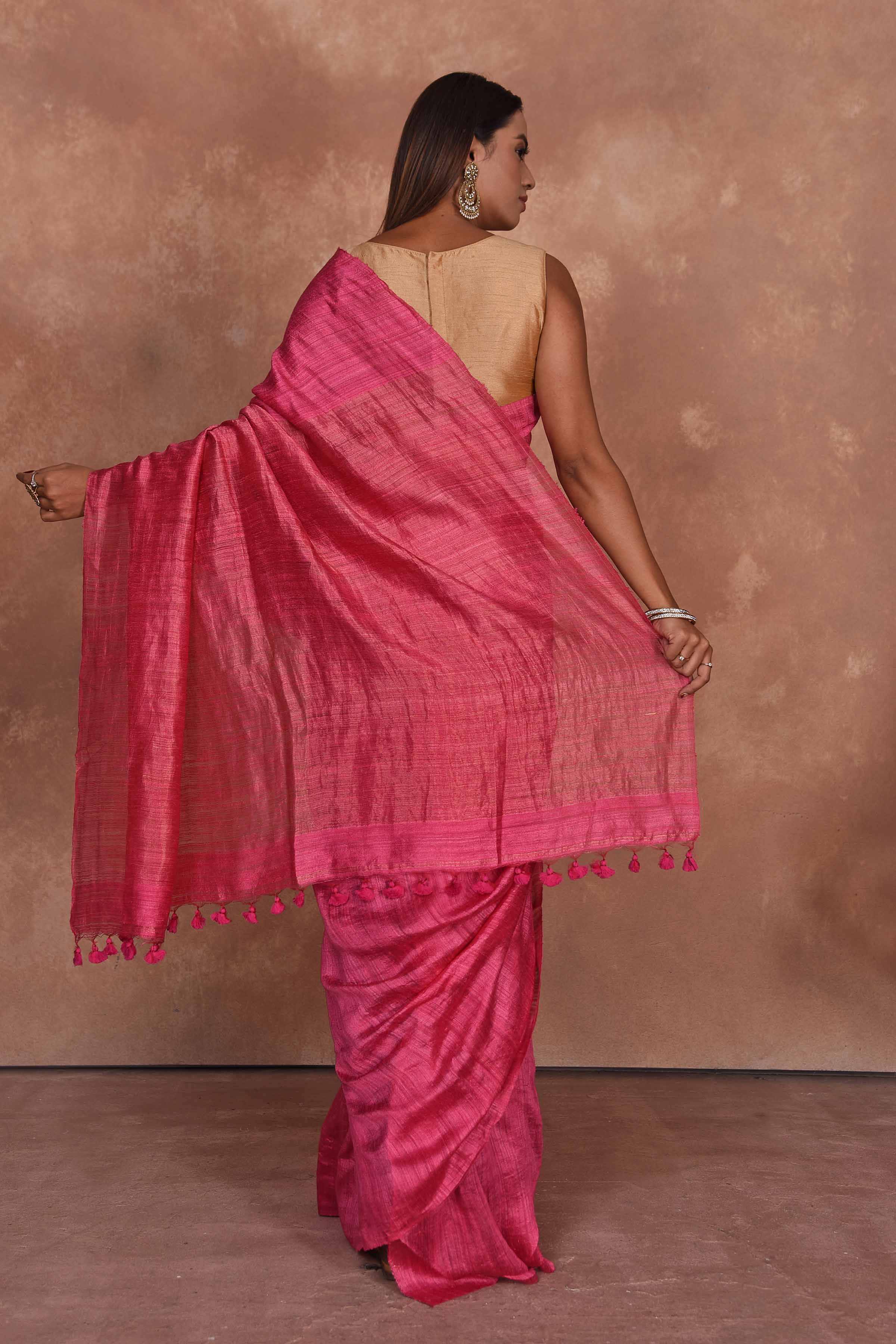 Buy pink matka silk saree online in USA with light zari pallu. Keep your ethnic wardrobe up to date with latest designer sarees, pure silk saris, Kanchipuram silk sarees, handwoven sarees, tussar silk saris, embroidered sarees, soft silk sarees from Pure Elegance Indian saree store in USA.-back
