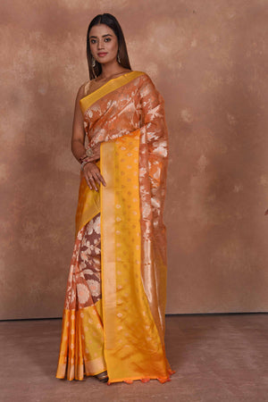 Shop beautiful fancy kora saree sari online in USA with yellow border. Keep your ethnic wardrobe up to date with latest designer sarees, pure silk saris, Kanchipuram silk sarees, handwoven sarees, tussar silk saris, embroidered sarees, soft silk sarees, Kora silk sarees from Pure Elegance Indian saree store in USA.-pallu