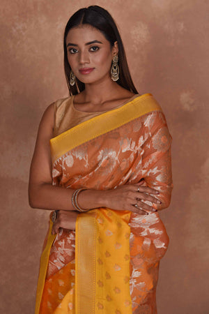 Shop beautiful fancy kora saree sari online in USA with yellow border. Keep your ethnic wardrobe up to date with latest designer sarees, pure silk saris, Kanchipuram silk sarees, handwoven sarees, tussar silk saris, embroidered sarees, soft silk sarees, Kora silk sarees from Pure Elegance Indian saree store in USA.-closeup