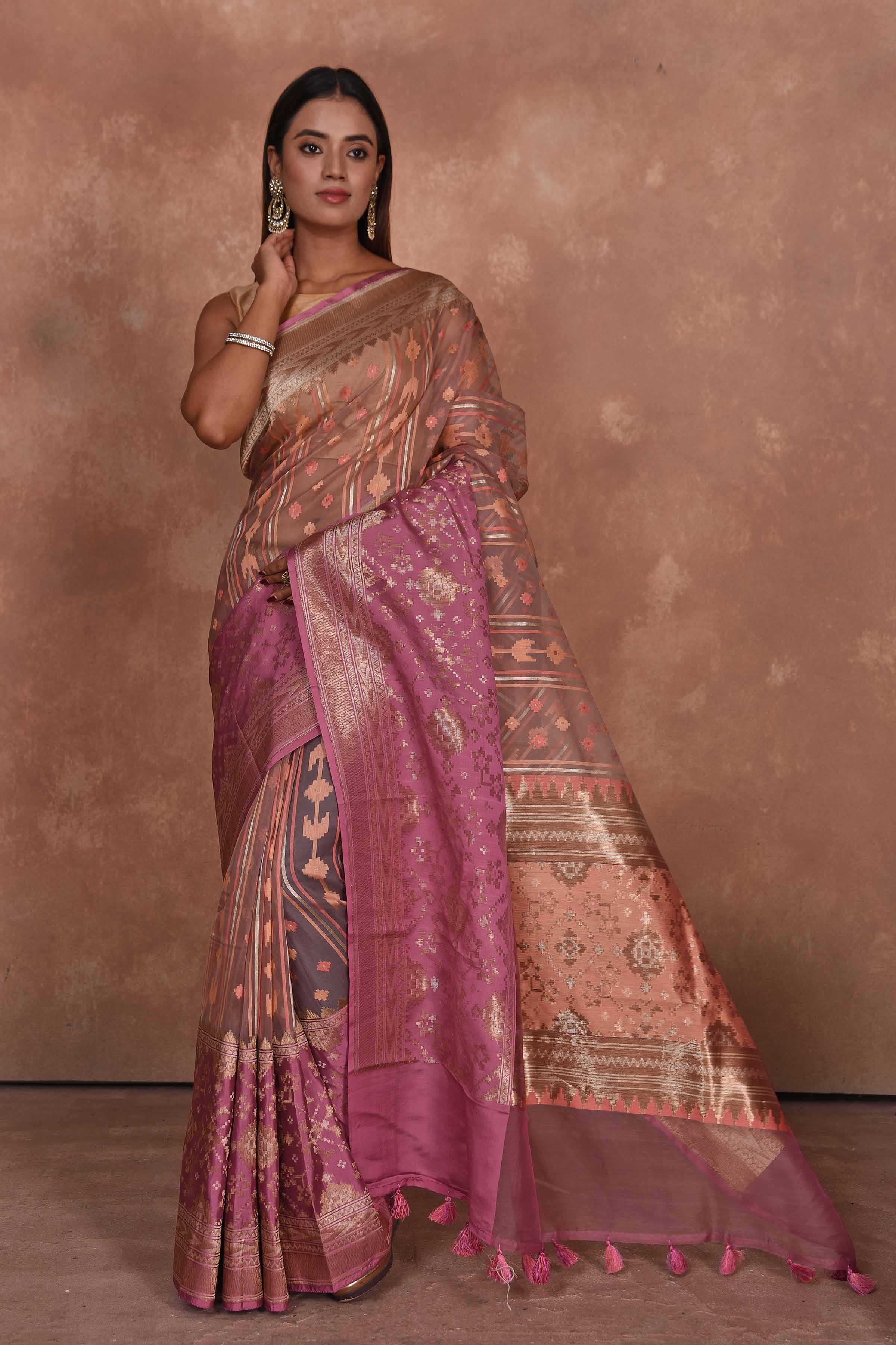 Shop beautiful pink fancy kora saree sari online in USA. Keep your ethnic wardrobe up to date with latest designer sarees, pure silk saris, Kanchipuram silk sarees, handwoven sarees, tussar silk saris, embroidered sarees, soft silk sarees, Kora silk sarees from Pure Elegance Indian saree store in USA.-full view