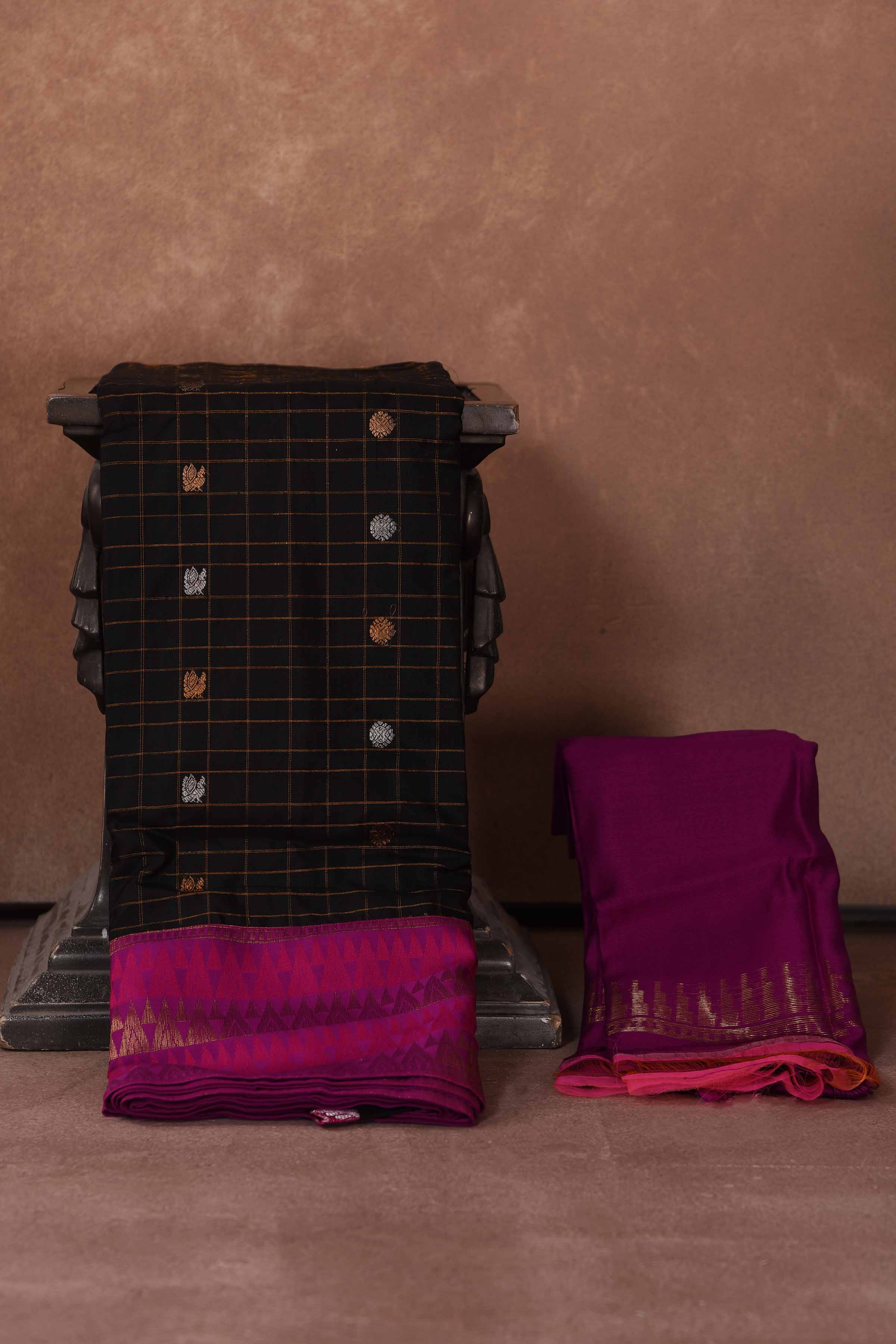 Buy beautiful black fancy Gadhwal sari online in USA with pink zari border. Keep your ethnic wardrobe up to date with latest designer sarees, pure silk saris, Kanchipuram silk sarees, handwoven sarees, tussar silk saris, embroidered sarees, soft silk sarees, Kora silk sarees from Pure Elegance Indian saree store in USA.-blouse