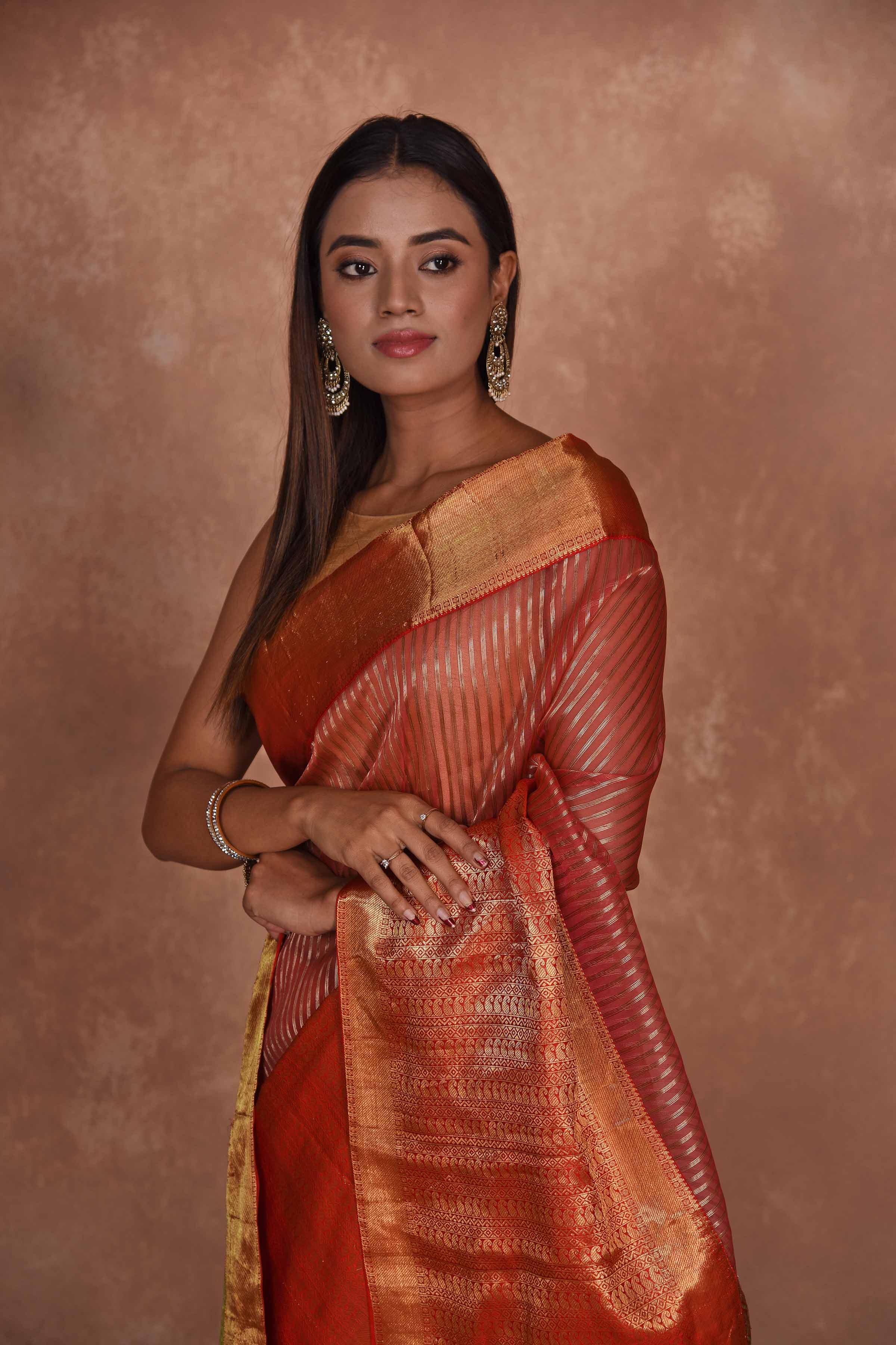 Buy red Kanjeevaram Kora sari online in USA with green zari pallu. Keep your ethnic wardrobe up to date with latest designer sarees, pure silk saris, Kanchipuram silk sarees, handwoven sarees, tussar silk saris, embroidered sarees, soft silk sarees, Kora silk sarees from Pure Elegance Indian saree store in USA.-closeup