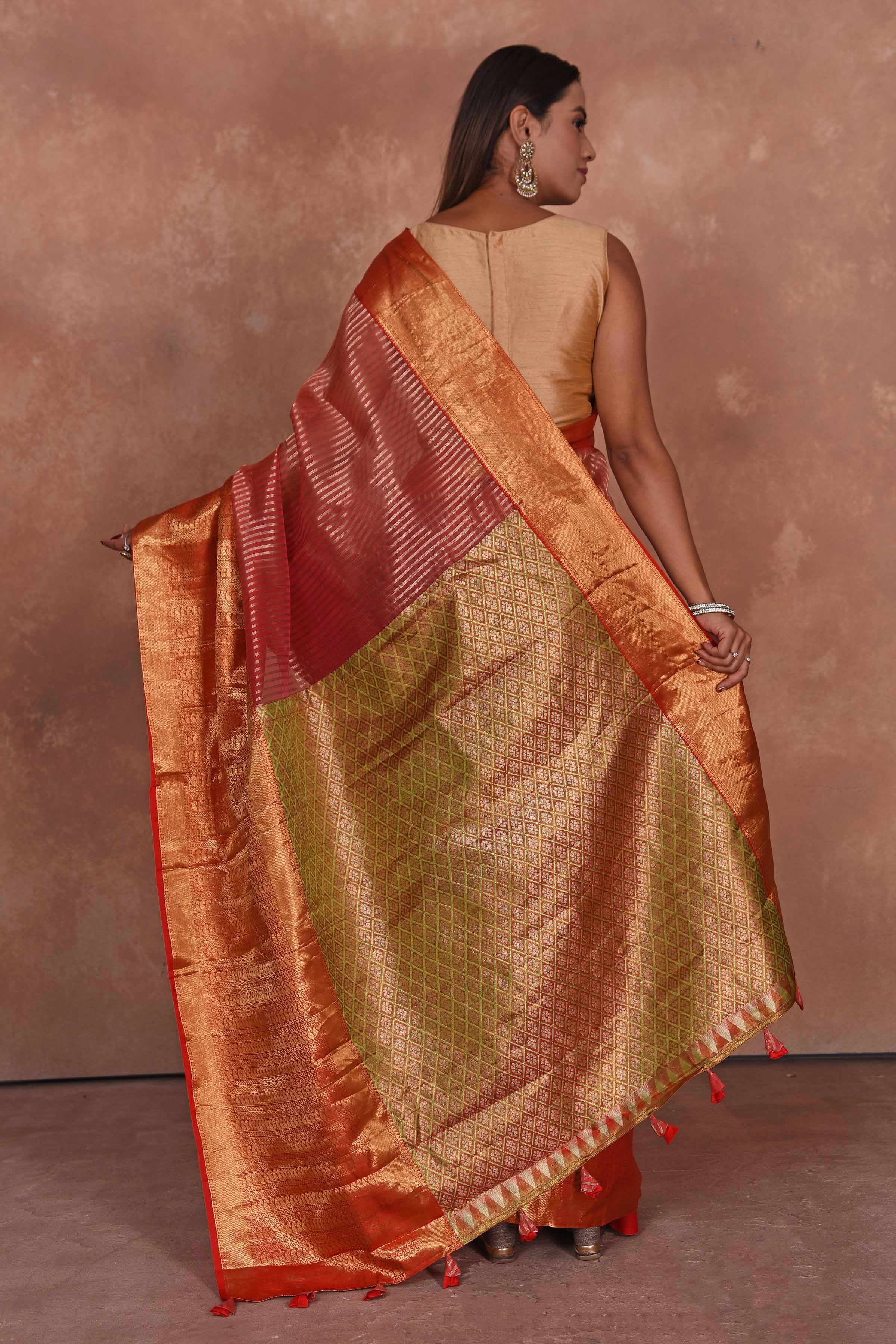 Buy red Kanjeevaram Kora sari online in USA with green zari pallu. Keep your ethnic wardrobe up to date with latest designer sarees, pure silk saris, Kanchipuram silk sarees, handwoven sarees, tussar silk saris, embroidered sarees, soft silk sarees, Kora silk sarees from Pure Elegance Indian saree store in USA.-back