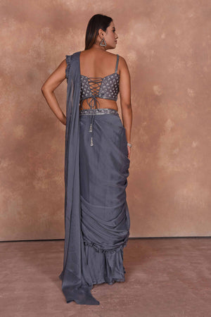 Buy grey designer georgette saree online in USA with embroidered blouse. Dazzle on weddings and special occasions with exquisite Indian designer dresses, embroidered sarees, partywear sarees, Bollywood sarees, handloom sarees from Pure Elegance Indian clothing store in USA.-back