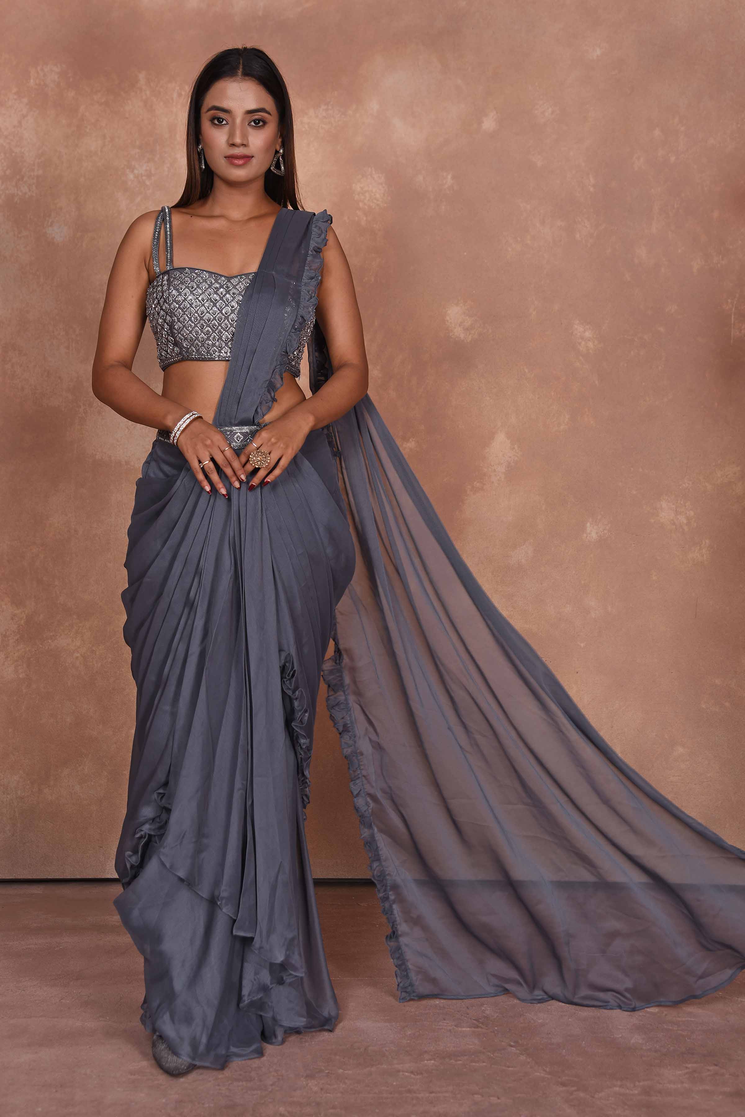 Buy grey designer georgette saree online in USA with embroidered blouse. Dazzle on weddings and special occasions with exquisite Indian designer dresses, embroidered sarees, partywear sarees, Bollywood sarees, handloom sarees from Pure Elegance Indian clothing store in USA.-full view