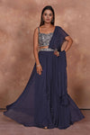 Buy dark blue designer lehenga saree online in USA with embroidered blouse. Dazzle on weddings and special occasions with exquisite Indian designer dresses, embroidered sarees, partywear sarees, Bollywood sarees, handloom sarees from Pure Elegance Indian clothing store in USA.-full view