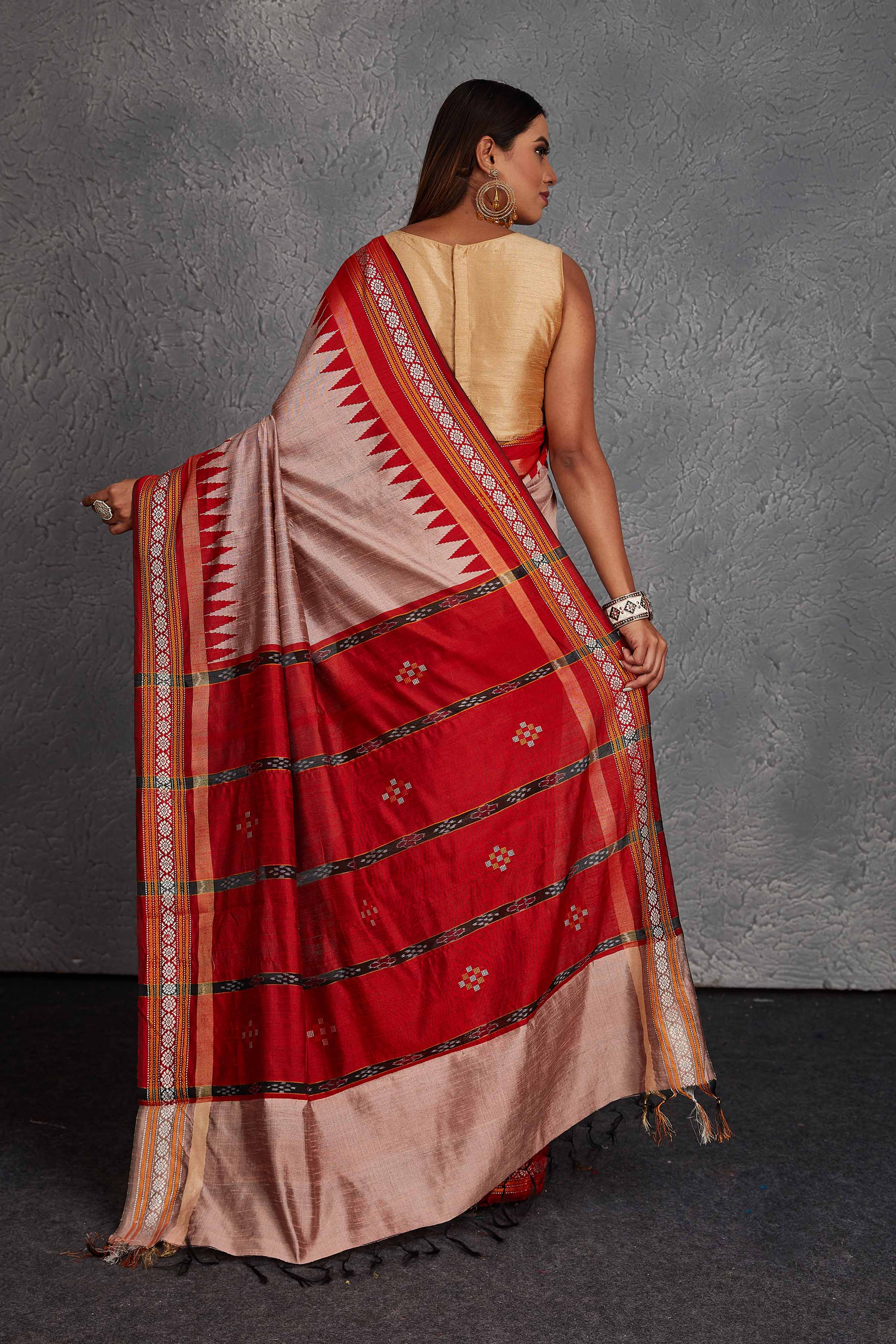 Buy dusty pink tussar silk sari online in USA with red temple border. Get festive ready in beautiful Kanchipuram silk saris, pure silk sarees, soft silk sarees, tussar silk saris, handwoven sarees, chanderi silk sarees from Pure Elegance Indian fashion store in USA.-back