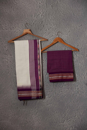 Shop white tussar silk sari online in USA with purple border and pallu. Get festive ready in beautiful Kanchipuram silk saris, pure silk sarees, soft silk sarees, tussar silk saris, handwoven sarees, chanderi silk sarees from Pure Elegance Indian fashion store in USA.-blouse