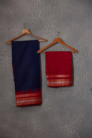 Buy navy blue tussar silk saree online in USA with red temple border and pallu. Get festive ready in beautiful Kanchipuram silk saris, pure silk sarees, soft silk sarees, tussar silk saris, handwoven sarees, chanderi silk sarees from Pure Elegance Indian fashion store in USA.-blouse