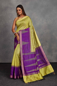 Buy pista green tussar silk saree online in USA with purple temple border. Get festive ready in beautiful Kanchipuram silk saris, pure silk sarees, soft silk sarees, tussar silk saris, handwoven sarees, chanderi silk sarees from Pure Elegance Indian fashion store in USA.-full view