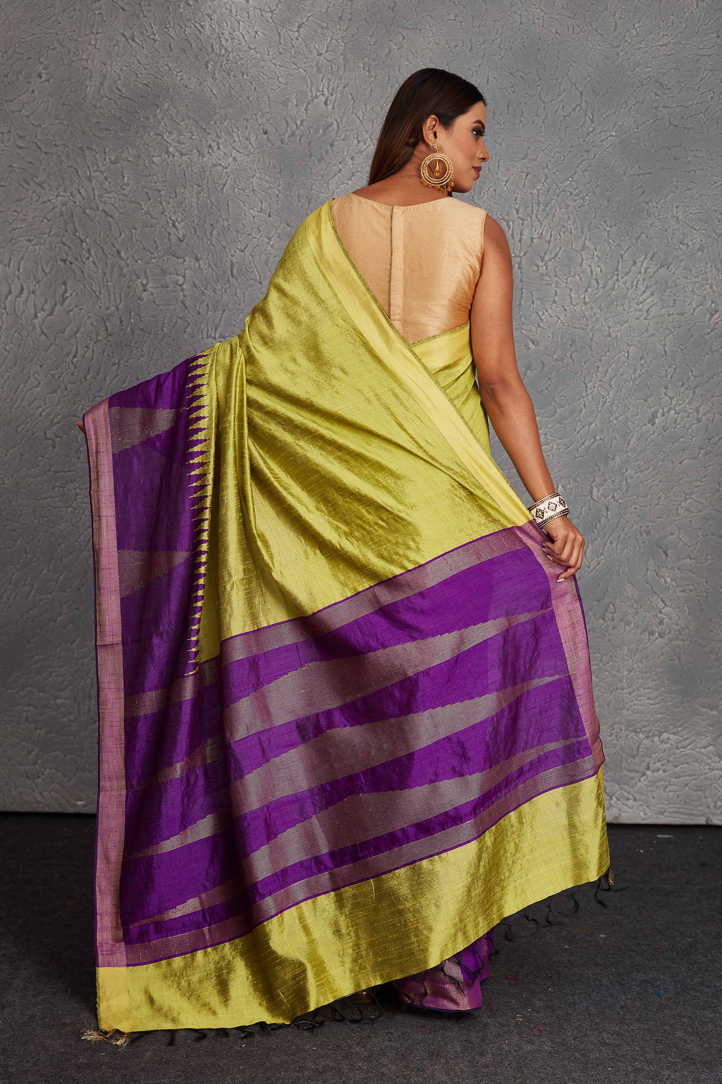 Buy pista green tussar silk saree online in USA with purple temple border. Get festive ready in beautiful Kanchipuram silk saris, pure silk sarees, soft silk sarees, tussar silk saris, handwoven sarees, chanderi silk sarees from Pure Elegance Indian fashion store in USA.-back