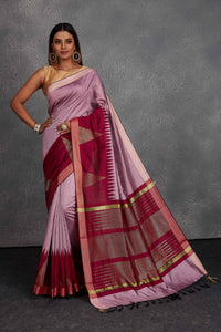 Shop beautiful mauve tussar silk saree online in USA with magenta temple border. Get festive ready in beautiful Kanchipuram silk saris, pure silk sarees, soft silk sarees, tussar silk saris, handwoven sarees, chanderi silk sarees from Pure Elegance Indian fashion store in USA.-full view