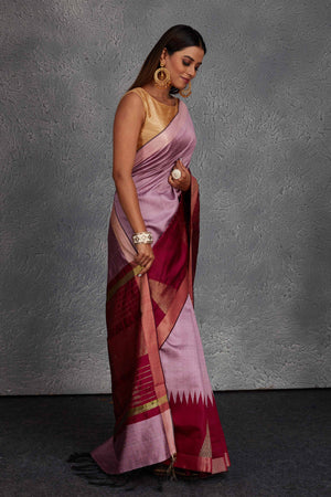 Shop beautiful mauve tussar silk saree online in USA with magenta temple border. Get festive ready in beautiful Kanchipuram silk saris, pure silk sarees, soft silk sarees, tussar silk saris, handwoven sarees, chanderi silk sarees from Pure Elegance Indian fashion store in USA.-side