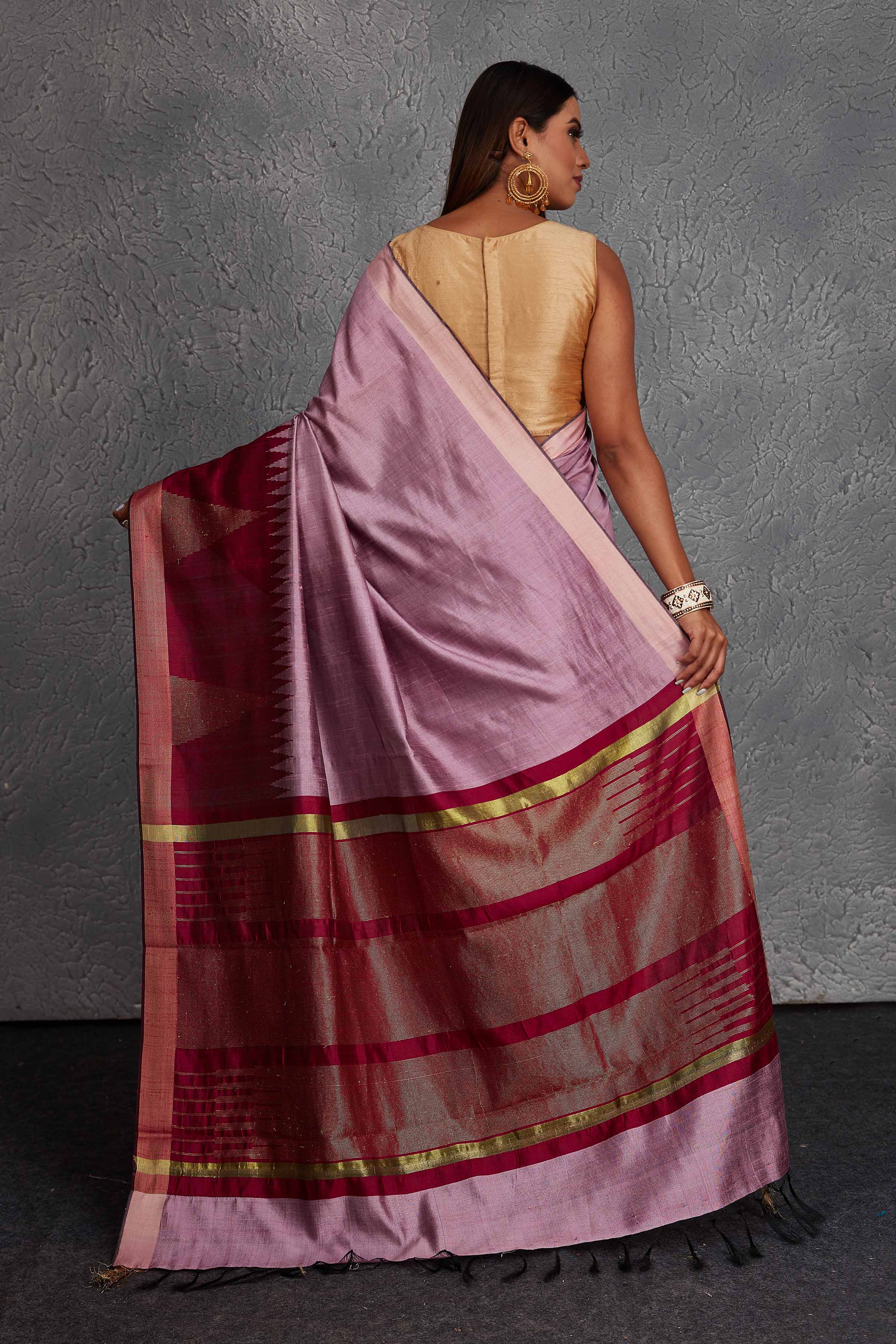 Shop beautiful mauve tussar silk saree online in USA with magenta temple border. Get festive ready in beautiful Kanchipuram silk saris, pure silk sarees, soft silk sarees, tussar silk saris, handwoven sarees, chanderi silk sarees from Pure Elegance Indian fashion store in USA.-back