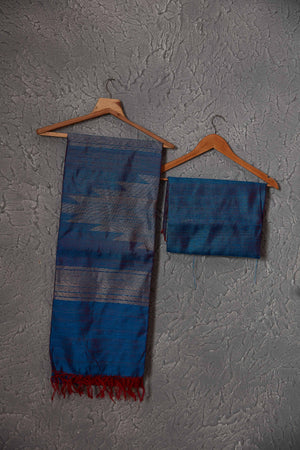 Buy stunning red tussar silk saree online in USA with blue zari pallu. Get festive ready in beautiful Kanchipuram silk saris, pure silk sarees, soft silk sarees, tussar silk saris, handwoven sarees, chanderi silk sarees from Pure Elegance Indian fashion store in USA.-blouse