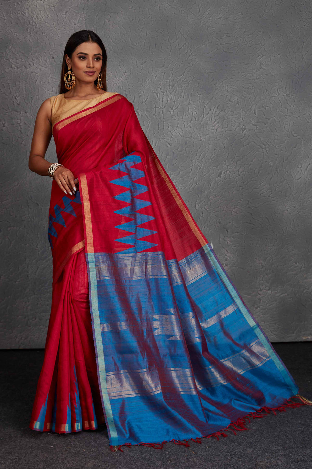 Buy stunning red tussar silk saree online in USA with blue zari pallu. Get festive ready in beautiful Kanchipuram silk saris, pure silk sarees, soft silk sarees, tussar silk saris, handwoven sarees, chanderi silk sarees from Pure Elegance Indian fashion store in USA.-full view