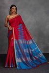 Buy stunning red tussar silk saree online in USA with blue zari pallu. Get festive ready in beautiful Kanchipuram silk saris, pure silk sarees, soft silk sarees, tussar silk saris, handwoven sarees, chanderi silk sarees from Pure Elegance Indian fashion store in USA.-full view