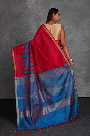 Buy stunning red tussar silk saree online in USA with blue zari pallu. Get festive ready in beautiful Kanchipuram silk saris, pure silk sarees, soft silk sarees, tussar silk saris, handwoven sarees, chanderi silk sarees from Pure Elegance Indian fashion store in USA.-back