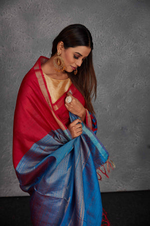 Buy stunning red tussar silk saree online in USA with blue zari pallu. Get festive ready in beautiful Kanchipuram silk saris, pure silk sarees, soft silk sarees, tussar silk saris, handwoven sarees, chanderi silk sarees from Pure Elegance Indian fashion store in USA.-closeup