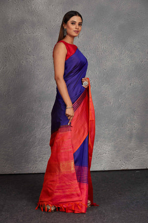 Shop beautiful royal blue Kanchirpuram silk sari online in USA with pinkish orange border. Get festive ready in beautiful Kanchipuram silk saris, pure silk sarees, soft silk sarees, tussar silk saris, handwoven sarees, chanderi silk sarees from Pure Elegance Indian fashion store in USA.-side