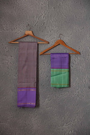 Buy beautiful grey Kanchirpuram silk sari online in USA with lavender and green border. Get festive ready in beautiful Kanchipuram silk saris, pure silk sarees, soft silk sarees, tussar silk saris, handwoven sarees, chanderi silk sarees from Pure Elegance Indian fashion store in USA.-blouse