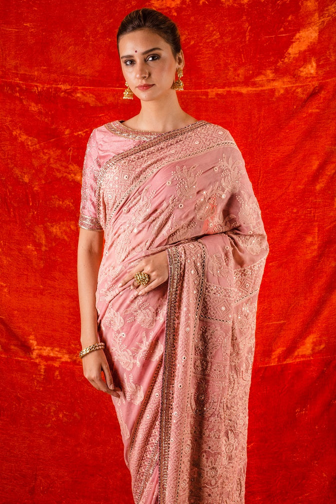 Buy beautiful dusty pink embroidered handloom saree online in USA with saree blouse. Be the talk of parties and weddings with exquisite designer sarees, embroidered sarees from Pure Elegance Indian clothing store in USA. Shop online now.-full view