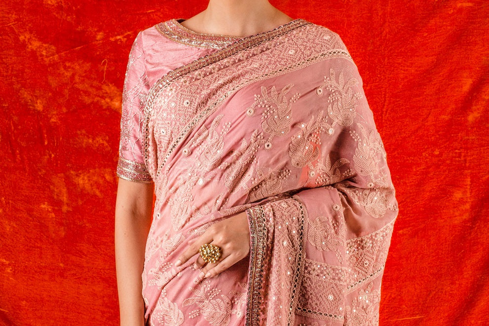 Buy beautiful dusty pink embroidered handloom saree online in USA with saree blouse. Be the talk of parties and weddings with exquisite designer sarees, embroidered sarees from Pure Elegance Indian clothing store in USA. Shop online now.-front