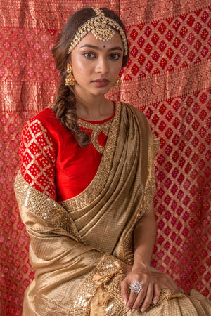 Buy brown embroidered handloom saree online in USA. Saree has fine design of checks and heavy border. Blouse of red color has detailed embroidery around neck and printed design on sleeves. Be the talk of parties and weddings with exquisite designer sarees from Pure Elegance Indian clothing store in USA.Shop online now.-close up