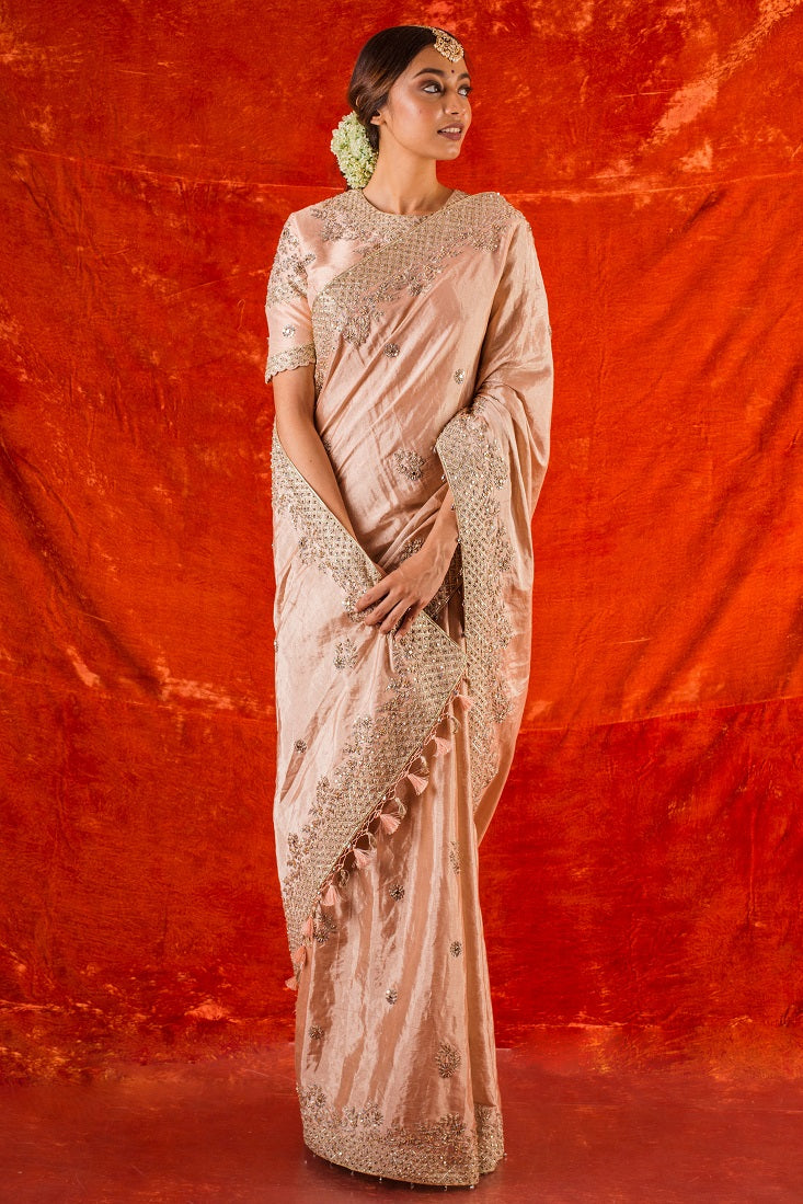 Buy stunning pink embroidered handloom saree online in USA. Saree has fine work and heavy silver border work. Matching pink blouse has heavy embroidery around neck,sleeves and its of elbow length. Be the talk of parties and weddings with exquisite designer sarees from Pure Elegance Indian clothing store in USA.Shop online now.-full view