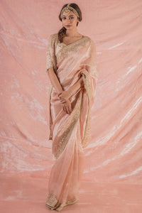 Buy beautiful pastel pink embroidered tissue saree with matching blouse online in USA. Saree crafted with fine embroidery and heavy gold border. Blouse is of U shape with classic design. Be the talk of parties and weddings with exquisite designer sarees from Pure Elegance Indian clothing store in USA.Shop online now.-full view