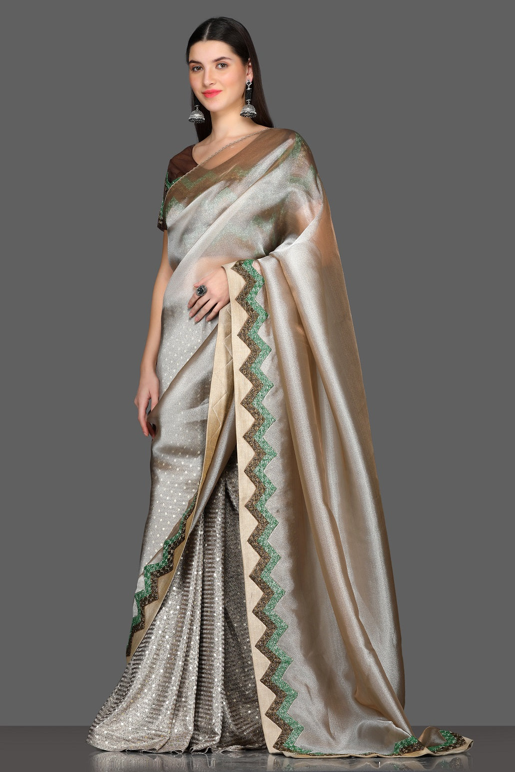 Shop beautiful golden embroidered border organza saree online in USA with embroidered saree blouse. Make a fashion statement at weddings with stunning designer sarees, embroidered sarees with blouse, wedding sarees, handloom sarees from Pure Elegance Indian fashion store in USA.-side